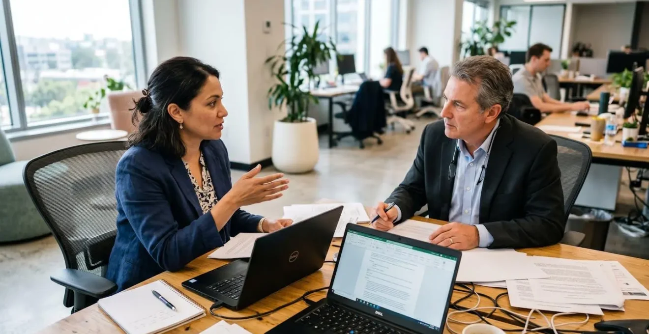 Une cheffe d'entreprise en tenue business casual discute avec un avocat autour d'une table de réunion dans un bureau lumineux avec documents juridiques et ordinateur portable