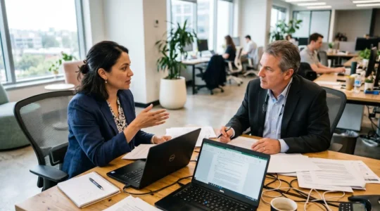 Une cheffe d'entreprise en tenue business casual discute avec un avocat autour d'une table de réunion dans un bureau lumineux avec documents juridiques et ordinateur portable