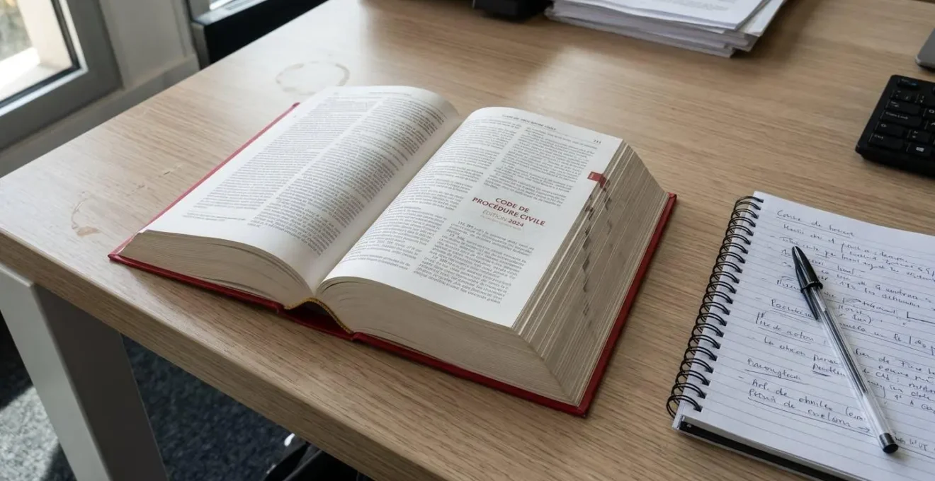 Gros plan sur des mains pointant un document juridique ouvert à une page du Code de procédure civile posé sur un bureau avec un stylo et des notes manuscrites