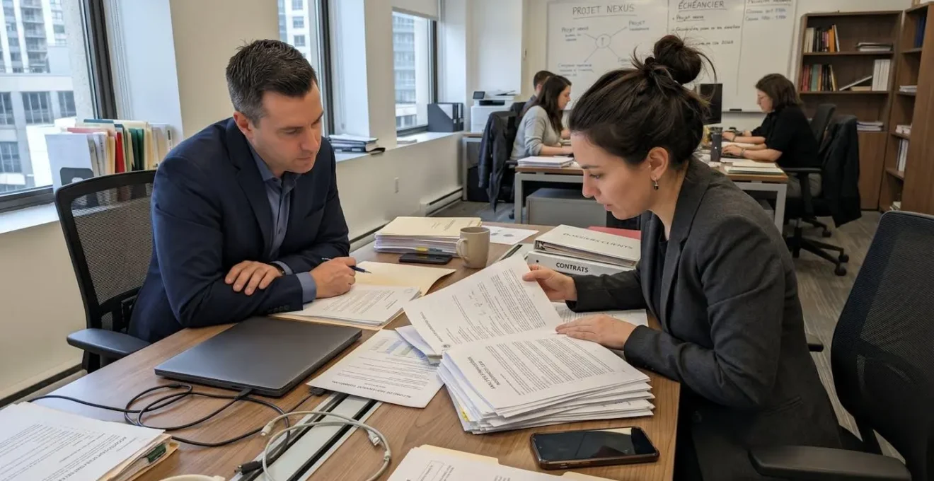 Un avocat et une dirigeante d'entreprise examinent ensemble des documents juridiques et des preuves sur une table de travail dans un bureau moderne éclairé naturellement